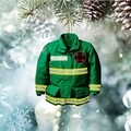 Flat acrylic Christmas ornament in green firefighter uniform style hanging on a pine branch - 12-Green Firefighter Uniform