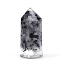 Handmade hexagonal crystal point with black and white gravel in clear resin - Black Rutilated Quartz