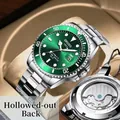 Men's automatic mechanical watch with green dial and stainless steel band - Green Dial - Steel Strap - Skeleton Back