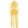 Detail of yellow lace jumpsuit with halter neck cross design and elegant streamers - S / Yellow