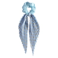 Macro shot of light blue pleated satin scrunchie with long ribbons and gold cross pattern - Sky Blue
