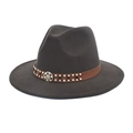 Detail of wool fedora with brown leather band featuring metal studs and vintage badge - M(56-58cm) / Dark Gray