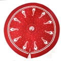 Red knitted Christmas tree skirt featuring white gnome patterns and dual tie closures - Knitted Reversible Red & White Tree Skirt