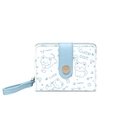 Short light blue and white zipper wallet with cute cartoon cat illustration and hand strap - Blue