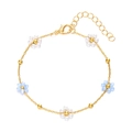 Gold chain bracelet featuring blue and white beaded flowers with adjustable lobster clasp - 009 Flower / Bracelet