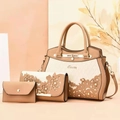 Three-piece khaki hollowed-out tote bag set with floral patterns and gold hardware - Khaki