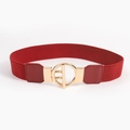 Women's dark red elastic waist belt with elegant gold circular interlocking metal buckle - Burgundy