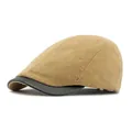 Camel wool beret cap with black leather brim in British retro style for men and women - Adjustable / Khaki