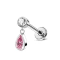 Macro detail of F136 titanium stud with pink teardrop crystal and round 5A cubic zirconia - 1.2*6mm / Titanium Silver + Pink Zircon