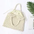 Handmade beige macrame tote bag with geometric woven patterns and a drawstring inner lining - With Liner / White