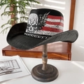 Cappello da cowboy in paglia nera con stampa di teschio alato e catena in metallo argento - M (56-58cm) / Nero Ali di Teschio