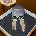 Macro shot of silver 925 star earrings with long zircon tassels and sparkling details - E0367 Gold Silver Needle (Star Full Diamond Tassel Gold)