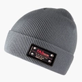 Grey ribbed knit beanie with red FASHION label and metal studs on a white background - L (58-60cm) / Light Gray
