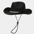 Detail of black straw cowboy hat featuring rhinestones on band and adjustable chin strap - Black