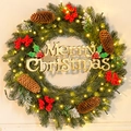 Close-up of snowy Christmas wreath with red berries, pine cones and warm LED lights - Timer Waterproof Battery Light (SYWT010)