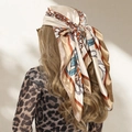 90x90cm satin hijab with retro paisley and floral pattern tied as a hair scarf - S204 Khaki