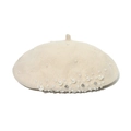 Close-up of beige wool beret featuring elegant pearl and rhinestone embellishments - Beige