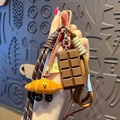 Brown braided strap keychain with chocolate and croissant charms for bags - Pretzel-Smiling Croissant + Chocolate