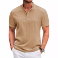 Camisa Henley retro para hombre en algodón lino a rayas caqui claro con cuello mao - S / Caqui