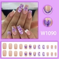 Unghie finte viola in stile francese con cuori e occhi, set completo da 24 pezzi - Stile Colla Fiore Occhio Cuore Viola (W1090) / 24 Pezzi/Scatola