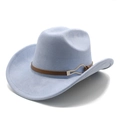 Light blue faux suede cowboy hat with brown leather band and gold buckle on white background - M(56-59CM) / Light Blue
