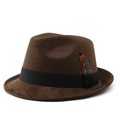 Classico cappello Fedora marrone in feltro di lana con nastro nero e piuma naturale - M (56-58cm) / Scamosciato Caffè