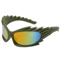 Futuristic army green spiky sunglasses with iridescent lenses for punk cosplay - Green Frame Red Mirror