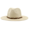 Detail of beaded band with brown and turquoise beads on wide brim straw fedora hat - Beige