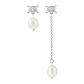 Asymmetric S925 silver stud earrings with rectangle zircon and white baroque pearls - Asymmetric Long & Short / With Silver Ear Plugs / Platinum Plated - White Zircon