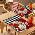 Close-up of heat-resistant Christmas placemats with Santa and buffalo plaid on a wooden table - Cotton Linen / CD30-4 Santa Claus Gift