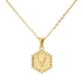 18K gold plated stainless steel hexagonal necklace with embossed capital letter V pendant - Gold V (With Chain)