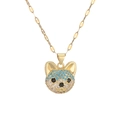 Gold puppy dog pendant necklace with blue and white crystals on a dainty link chain - Turquoise Blue