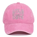 Close-up of pink washed cotton baseball cap with Life is Better with Cats embroidery - Pink