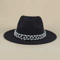 Detail of black wool fedora featuring intricate multi-row white pearl decorative band - M (56-58cm) / Black