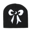 Minimalistische schwarze Strickmütze für Damen mit großem weißem Schleifenmuster - M(56-58cm) / Schwarz