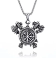 Vintage silver Viking compass necklace with crossed axes in stainless steel - Steel Color Viking War Axe Compass Style (No Chain) (C0606-1)