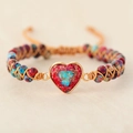 Handmade bohemian Imperial Jasper heart charm double-layer woven beaded adjustable bracelet - Red Imperial Jasper