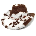 Detailed view of the cow print plush texture and brim on this western cowboy hat - Heart Top Coffee Cow Print