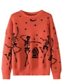 Orange Halloween knitted sweater with black dancing skeleton and gravestone patterns - 3XL / Orange