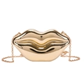 Fashionable gold metallic lip-shaped crossbody bag with glossy finish and chain strap - Gold