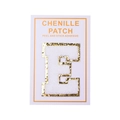 Detail of chenille letter E patch with gold glitter edge and peel-and-stick adhesive - Letter E / White