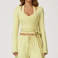Women's lemon yellow yoga set featuring cross-tie long sleeve top and drawstring pants - Light Yellow