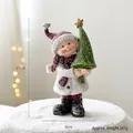 Christmas resin child figurine with snow texture holding tree, 17cm holiday tabletop decor - Standing Boy with Christmas Tree
