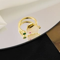 Adjustable gold bunny ring with white jade rabbit, pink eye, and green gemstone - White Rabbit Style (H009)