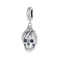 Gothic S925 sterling silver skull charm with blue gemstone eyes and spider web details - Skeleton Head With Bone Hand Style (SCC2606)