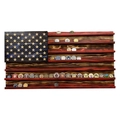 Handcrafted US flag wooden display rack for challenge coins with rustic burnt finish - US Flag Style