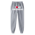 Grey sweatpants featuring I LOVE MY GIRLFRIEND white text and red heart print details - S / Light Gray (Girlfriend)