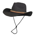 Detail eines schwarzen Stroh-Cowboyhuts mit Metallperlen auf braunem Lederband - M (56-58cm) / Schwarz