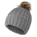 Grey knit pom pom beanie for women with textured pattern and thick ribbed cuff - Gray