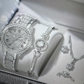Silver jewelry set with sparkling crystals including quartz watch and matching bracelet - E5pcs Silver 5-Piece Set (Watch+Bracelet+Necklace+Ring+Earrings)